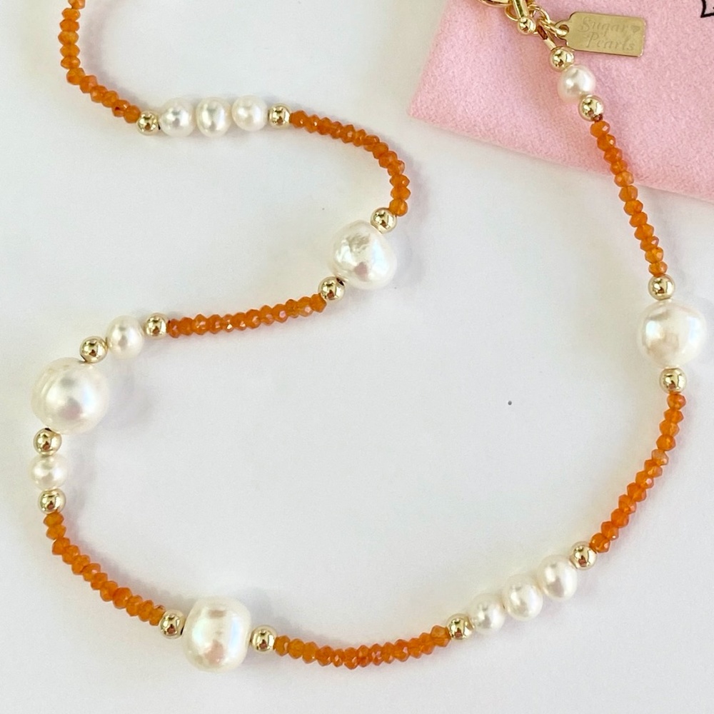 Freshwater Pearl, Carnelian & 14K Gold Necklace - Picture 4 of 7